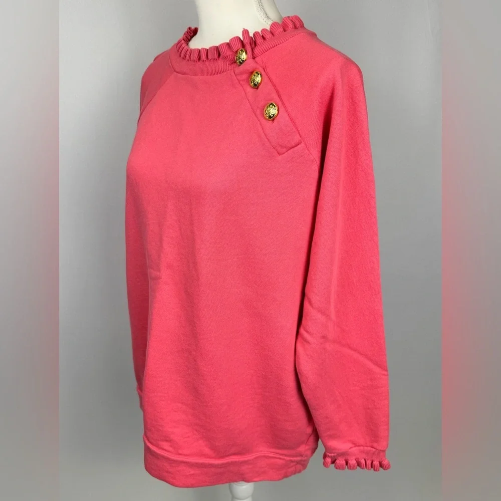 Talbots Ruffle Trim Raglan Sweatshirt Pink Gold Buttons At Neckline Size 1X - Picture 5 of 10